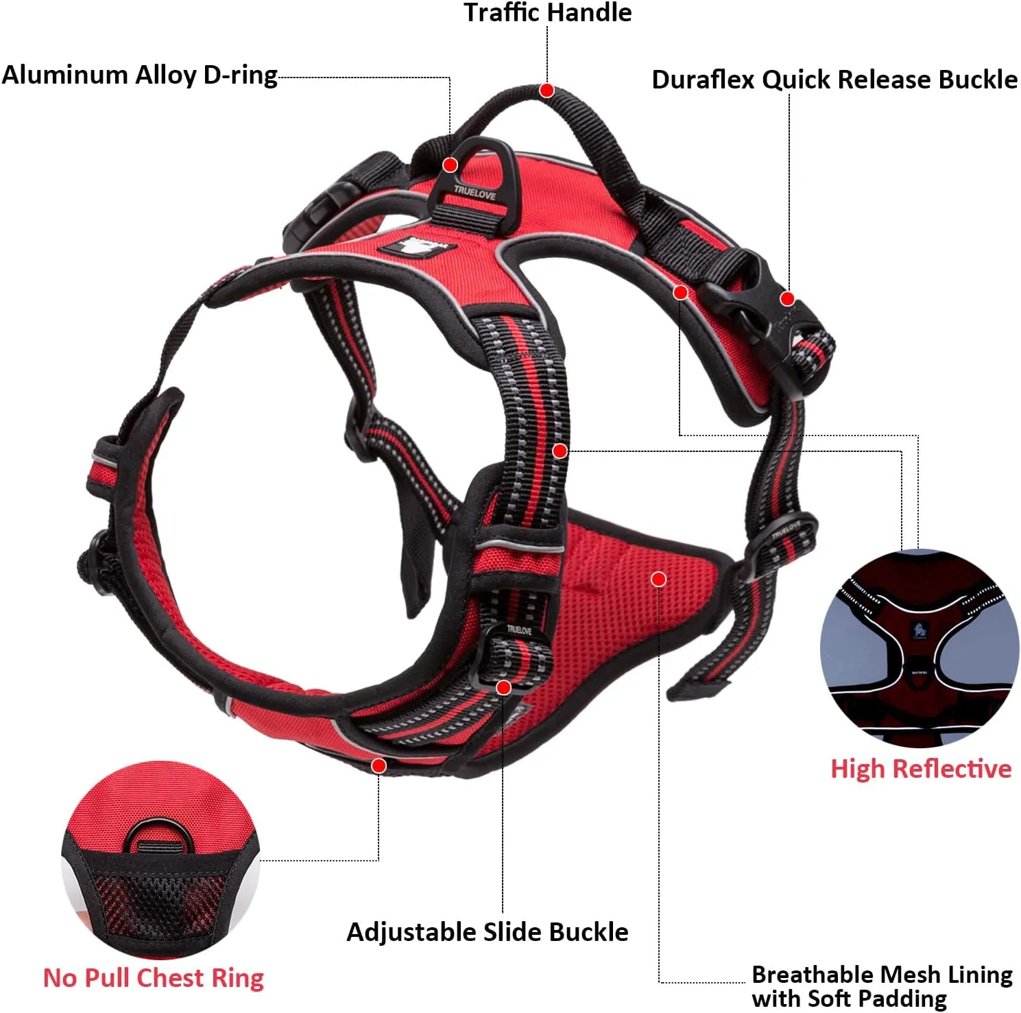 TRUE LOVE Adjustable No-Pull Dog Harness Reflective Pup Vest Harnesses Comfortable Control Brilliant Colors Truelove TLH5651(Purple,L)