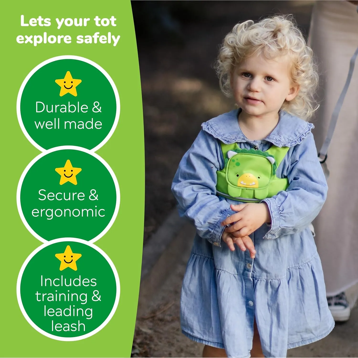 Trunki Toddler Leash - Fuss Free Toddler Walking Reins & Kids Safety Harness | Baby Leash for Kids – Dudley Dinosaur (Green)