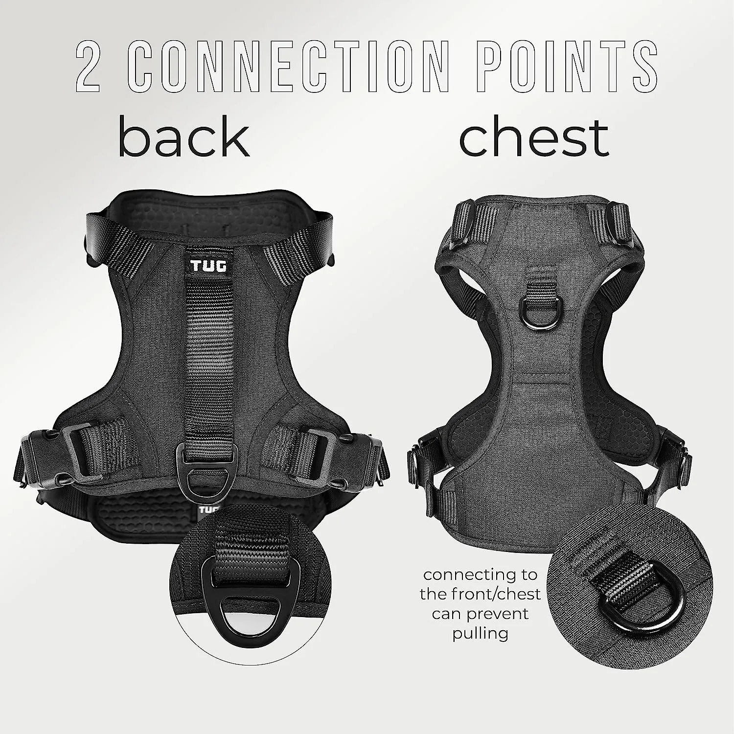 TUG Dog Harness with 2 Leash Connection Points | Adjustable, Padded, Lightweight Harness | Handle on Back | No-Pull Front Clip