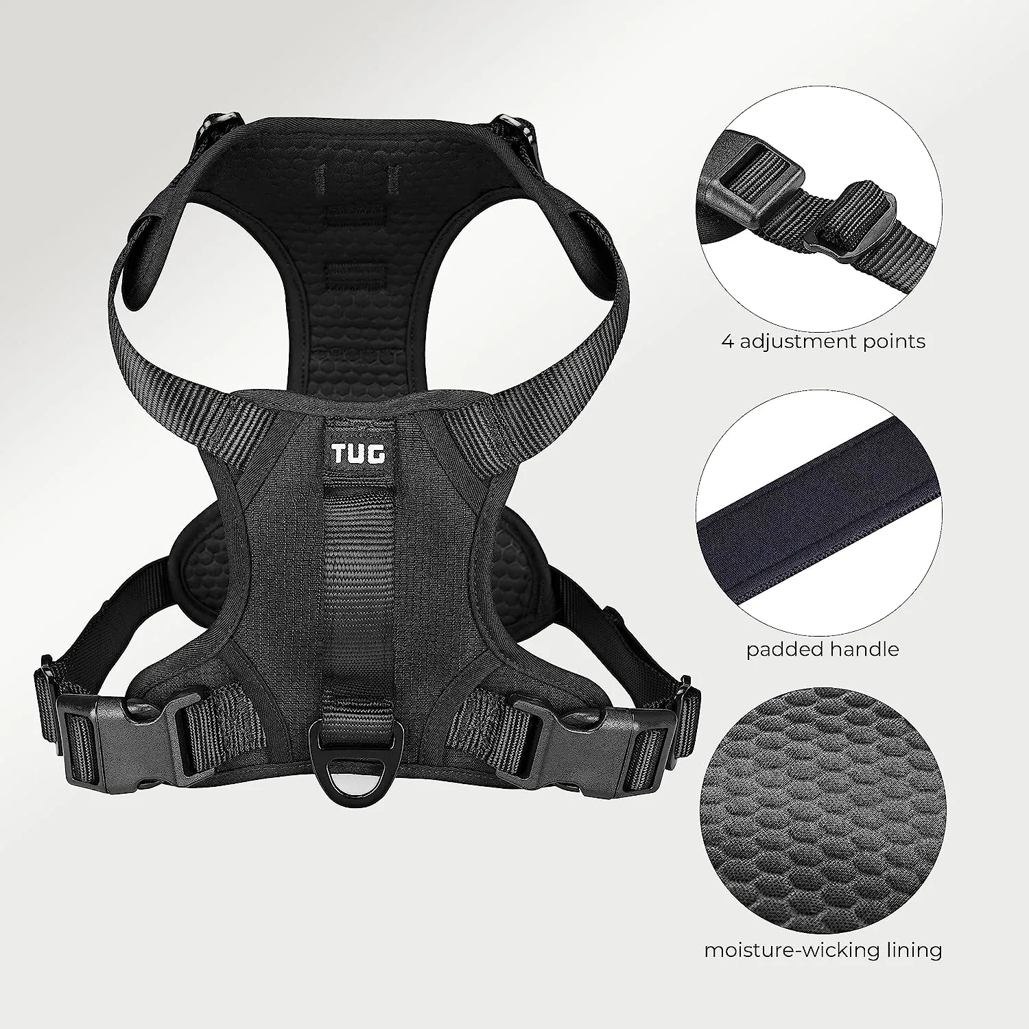 TUG Dog Harness with 2 Leash Connection Points | Adjustable, Padded, Lightweight Harness | Handle on Back | No-Pull Front Clip