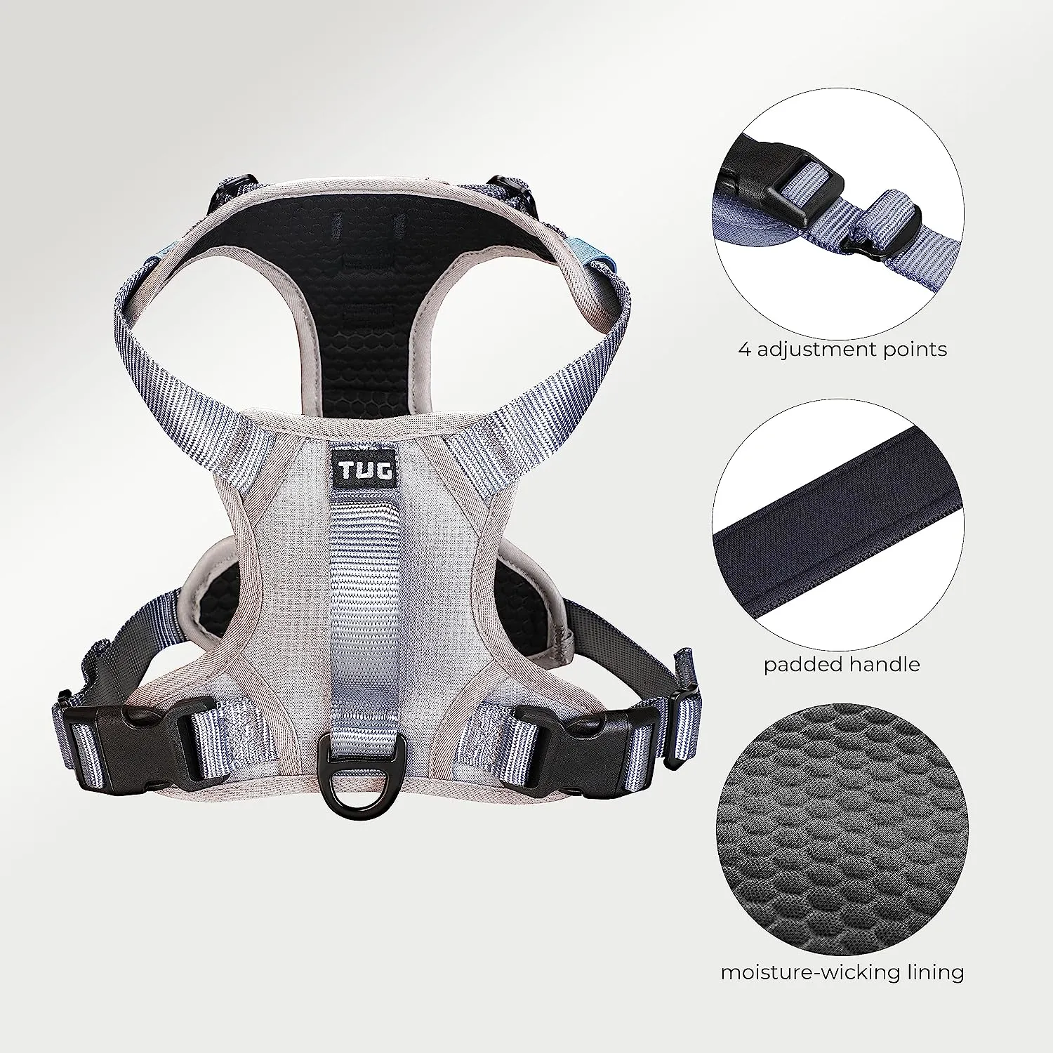 TUG Dog Harness with 2 Leash Connection Points | Adjustable, Padded, Lightweight Harness | Handle on Back | No-Pull Front Clip