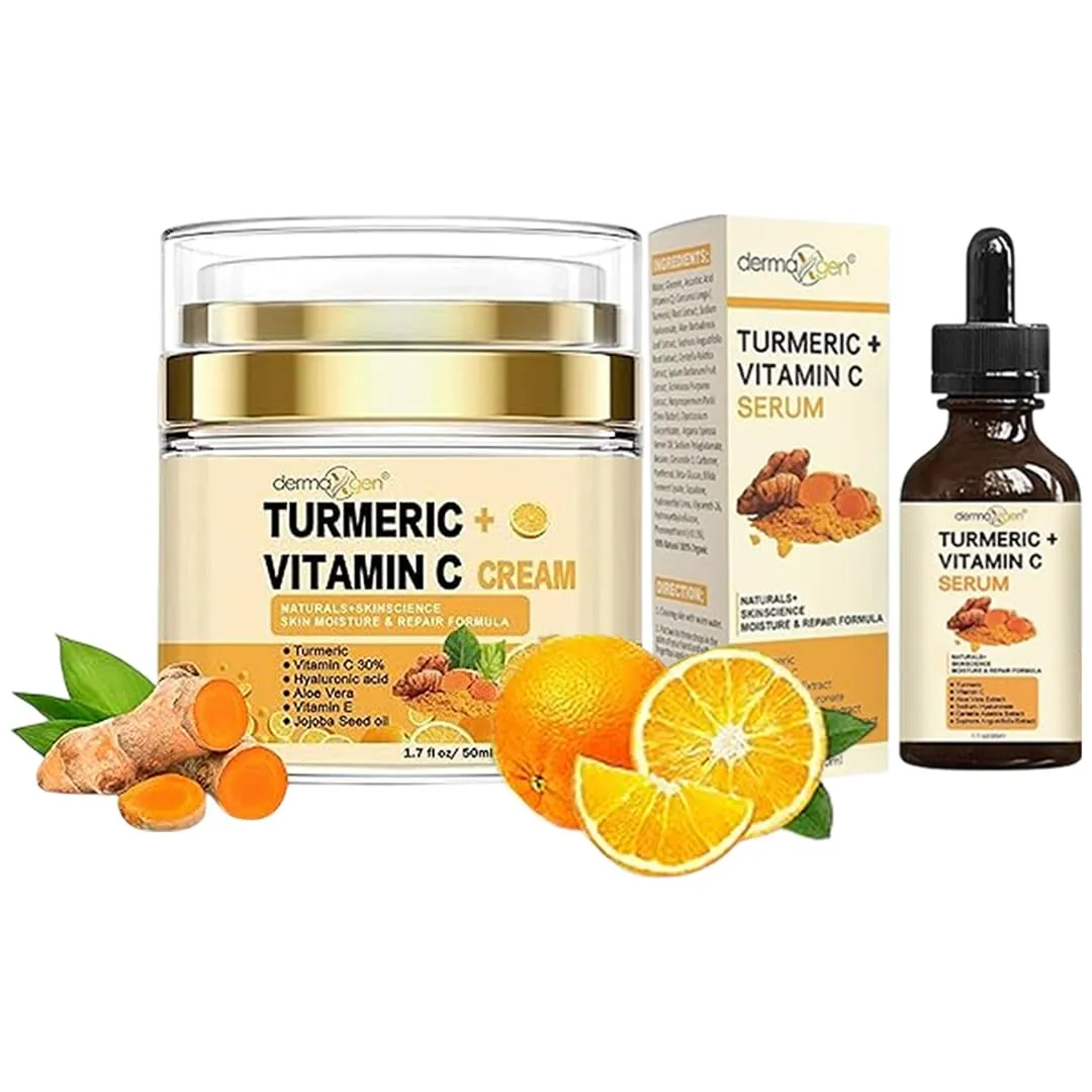 Turmeric Face Cream with Vitamin C Serum Bundle – Glow Boosting Moisturizer, Acne Reduction, Anti-Aging & Hydrating for Clear Skin Tone, Normal, Dry, Oily & Combination Skin (1.7 FL OZ   1 FL OZ)