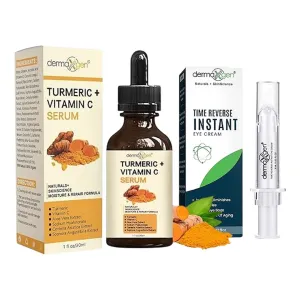 Turmeric Face Serum with Vitamin C & Puffy Eye Treatment Bundle – Organic Moisturizer for Acne, Clear Skin, Anti-Aging, Reduce Under-Eye Bags, Dark Circles, Wrinkles – 1 FL OZ   8ml"