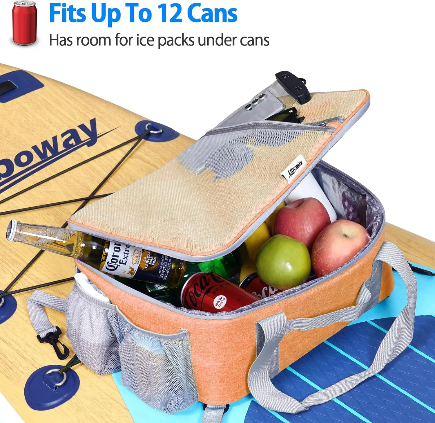 Uboway Paddle Board Accessories - Large Paddle Board Cooler with Side Pouches for Water Bottles, Waterproof SUP Cooler Deck Bag with Top Mesh Pocket, Paddle Board Cooler Bag, Insulated Kayak Cooler