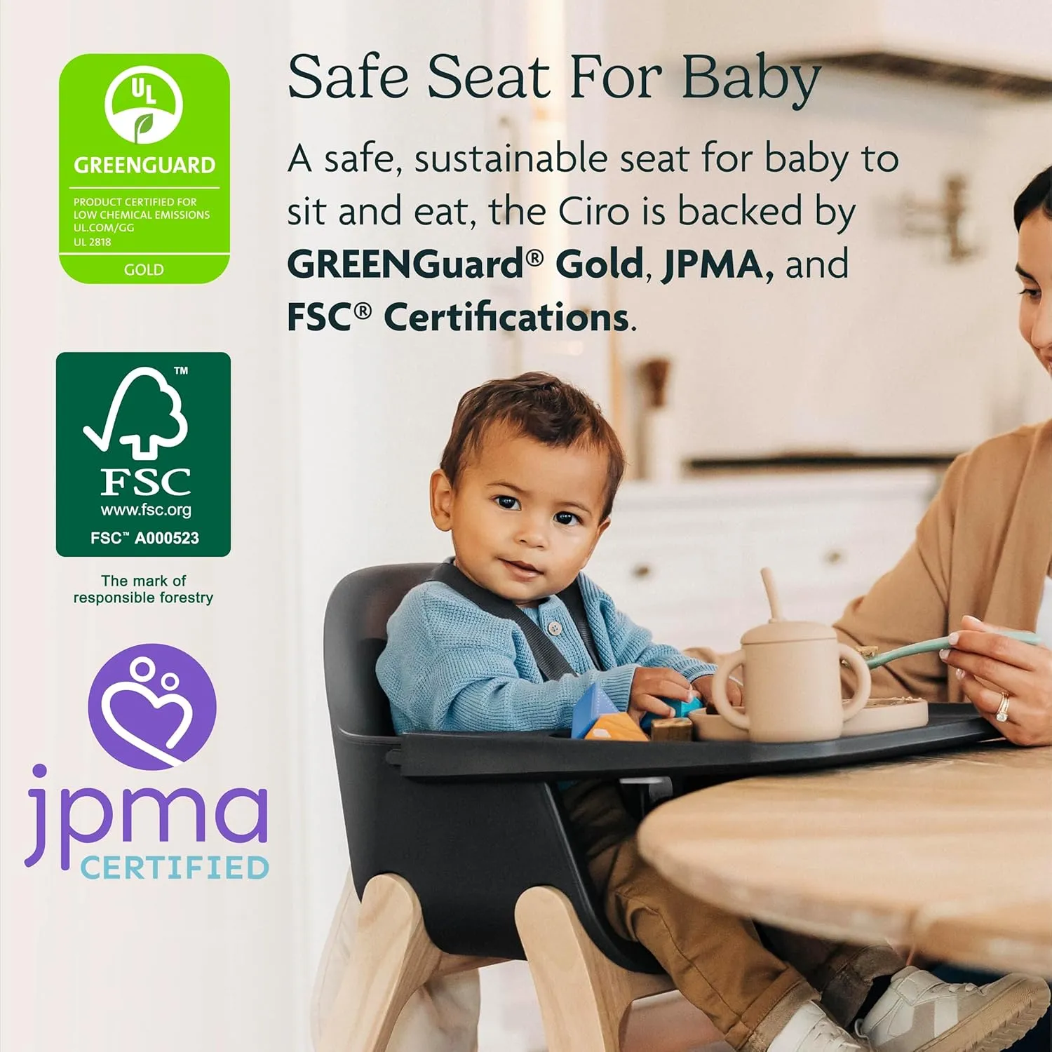 UPPAbaby Ciro High Chair/Sleek, Easy-to-Clean Design/Perfect-Fit Tray to Bring Baby to Table/Patent-Pending Harness/Dual-Position, 180-Degree Rotating Footrest/Chloe (Grey/Rubberwood)