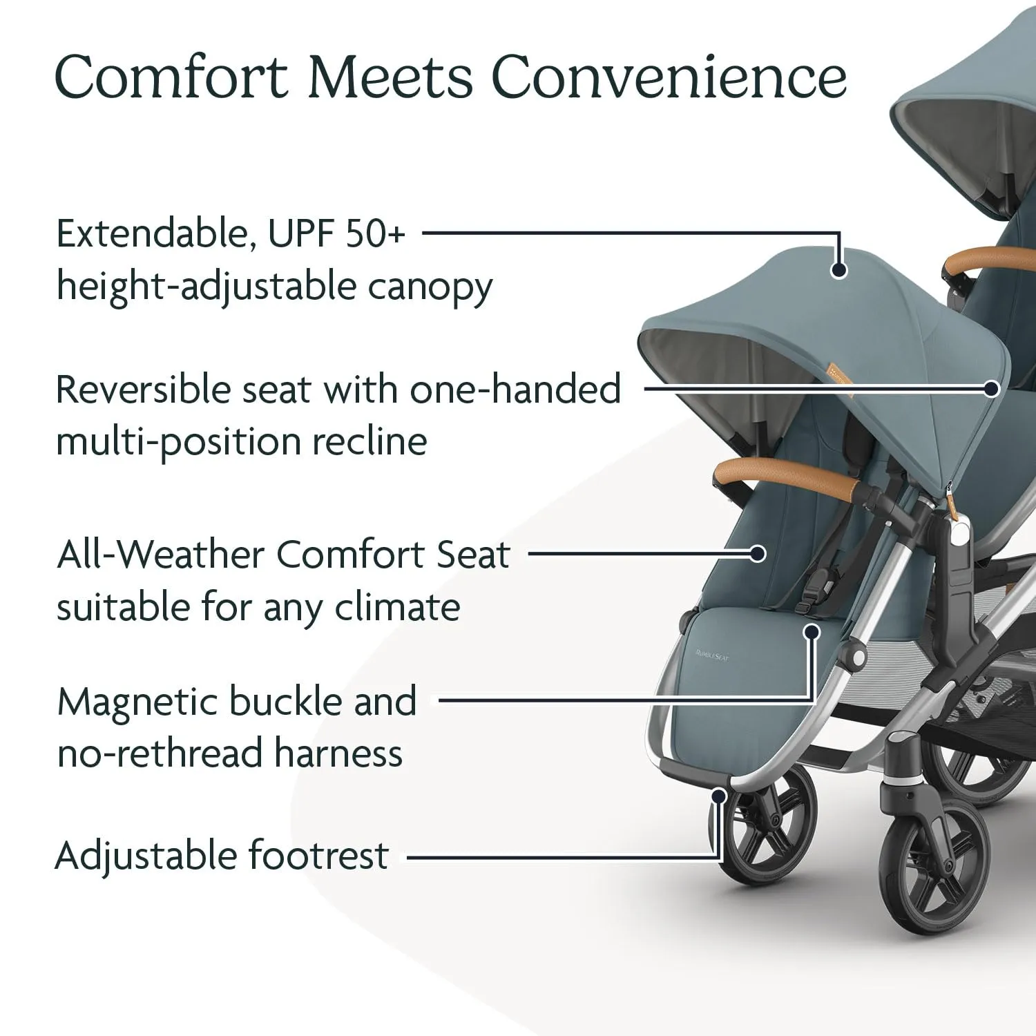 UPPAbaby RumbleSeat V3 Second Lower Seat - Compatible with Vista V2 and Vista V3 - All-Weather Seat   Magnetic Buckle – Adapters Included - Callum (Stone Blue/Silver Frame/Sand Leather)