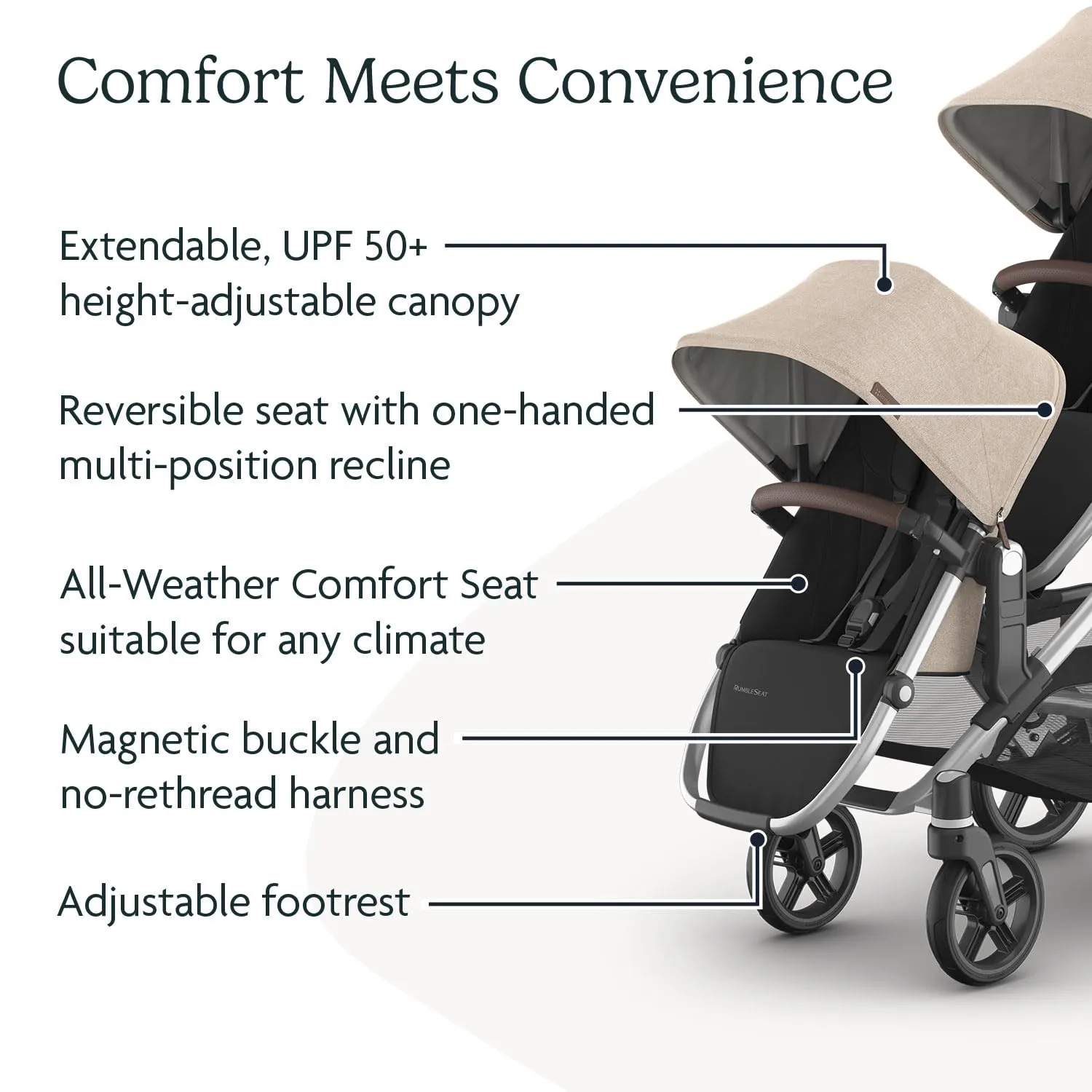 UPPAbaby RumbleSeat V3 Second Lower Seat - Compatible with Vista V2 and Vista V3 - All-Weather Seat   Magnetic Buckle – Adapters Included - Declan (Oat Mélange/Silver Frame/Chestnut Leather)