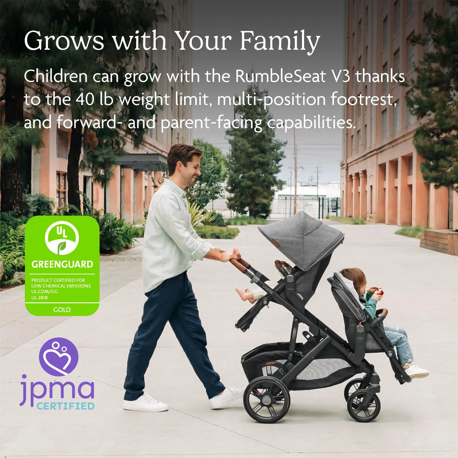 UPPAbaby RumbleSeat V3 Second Lower Seat - Compatible with Vista V2 and Vista V3 - All-Weather Seat   Magnetic Buckle – Adapters Included - Declan (Oat Mélange/Silver Frame/Chestnut Leather)