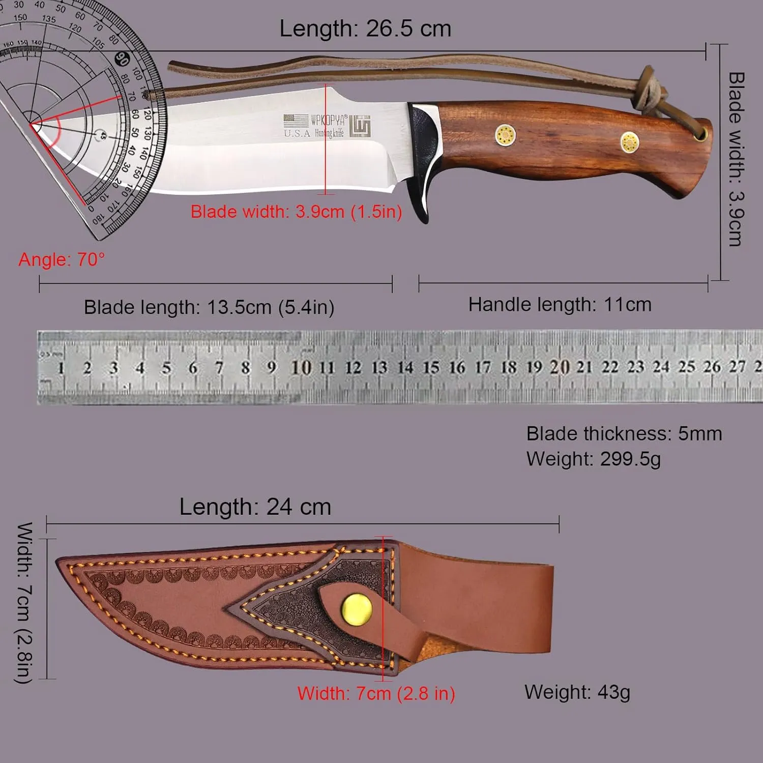 (USA 440C steel 10.5 inch outdoor hunting knife   leather sheath, suitable for outdoor travel, camping, survival, fishing, holiday gifts