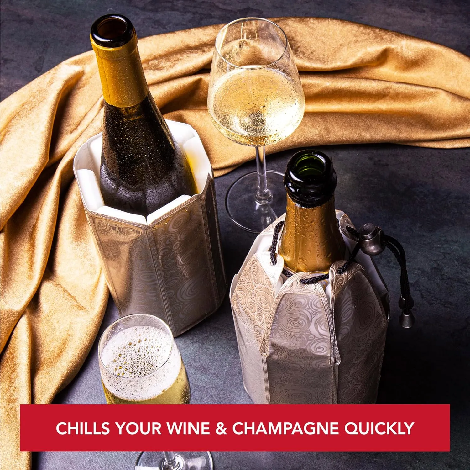Vacu Vin Champagne & Wine Cooler Set - Flexible Insulated Chiller For Standard Size Bottles - Keeps Your Drinks Cold Longer - Lightweight & Easy To Use - Premium Design To All Occasions, Platinum