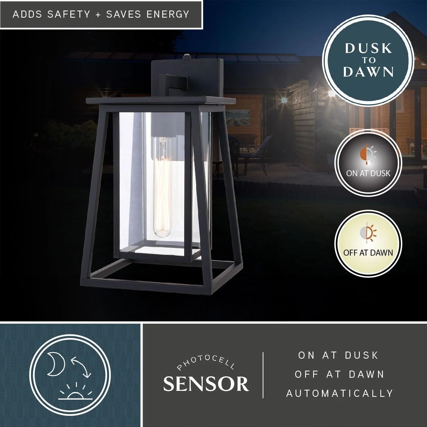 VAXCEL Blackwell 8-in. W Cage Frame 1 Light Dusk to Dawn Black Outdoor Wall Lantern Clear Glass