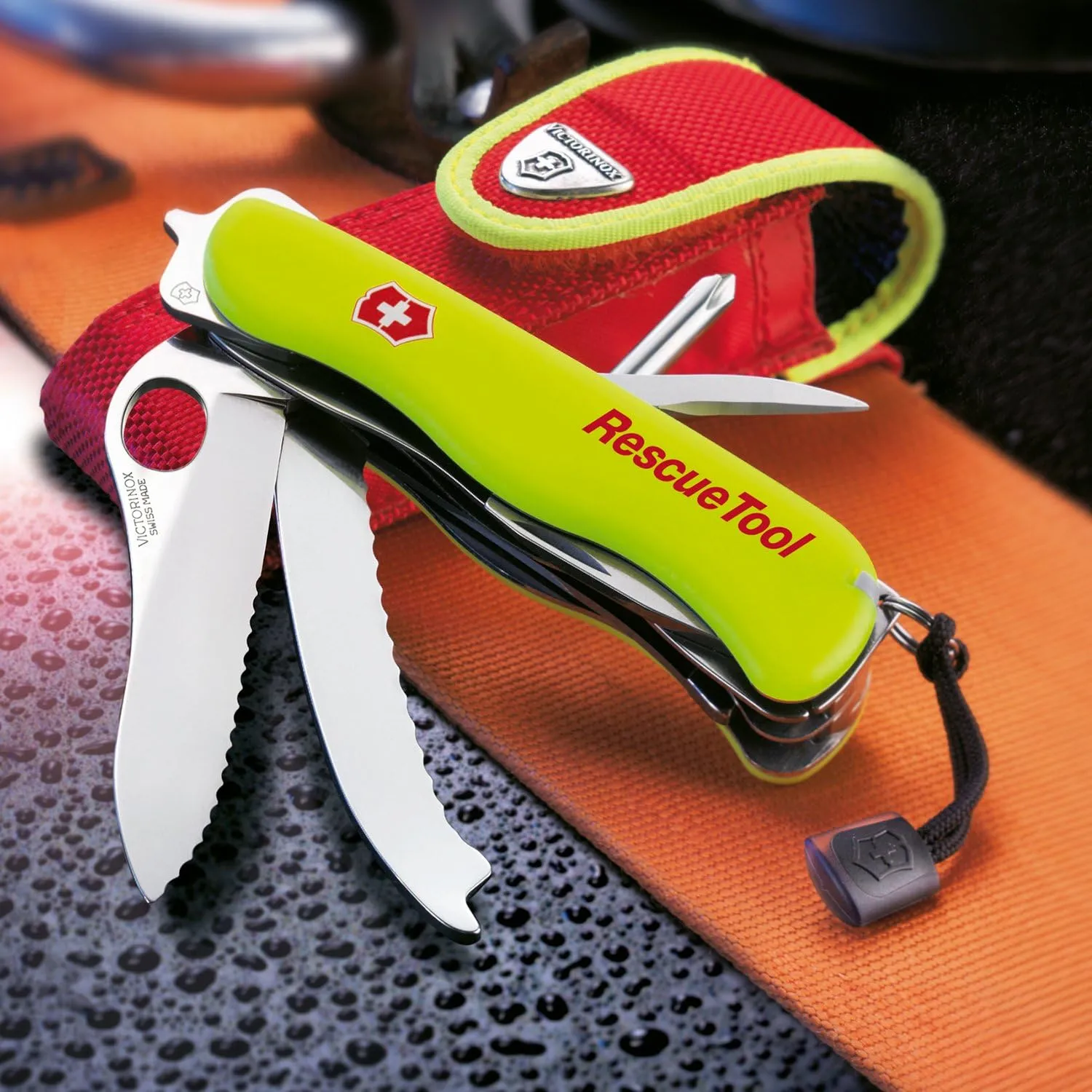 Victorinox Rescue Tool with Nylon Pouch Swiss Army Knife, 13 Functions, Swiss Made Pocket Knife with Seatbelt Cutter and Glass Saw - Fluorescent Yellow