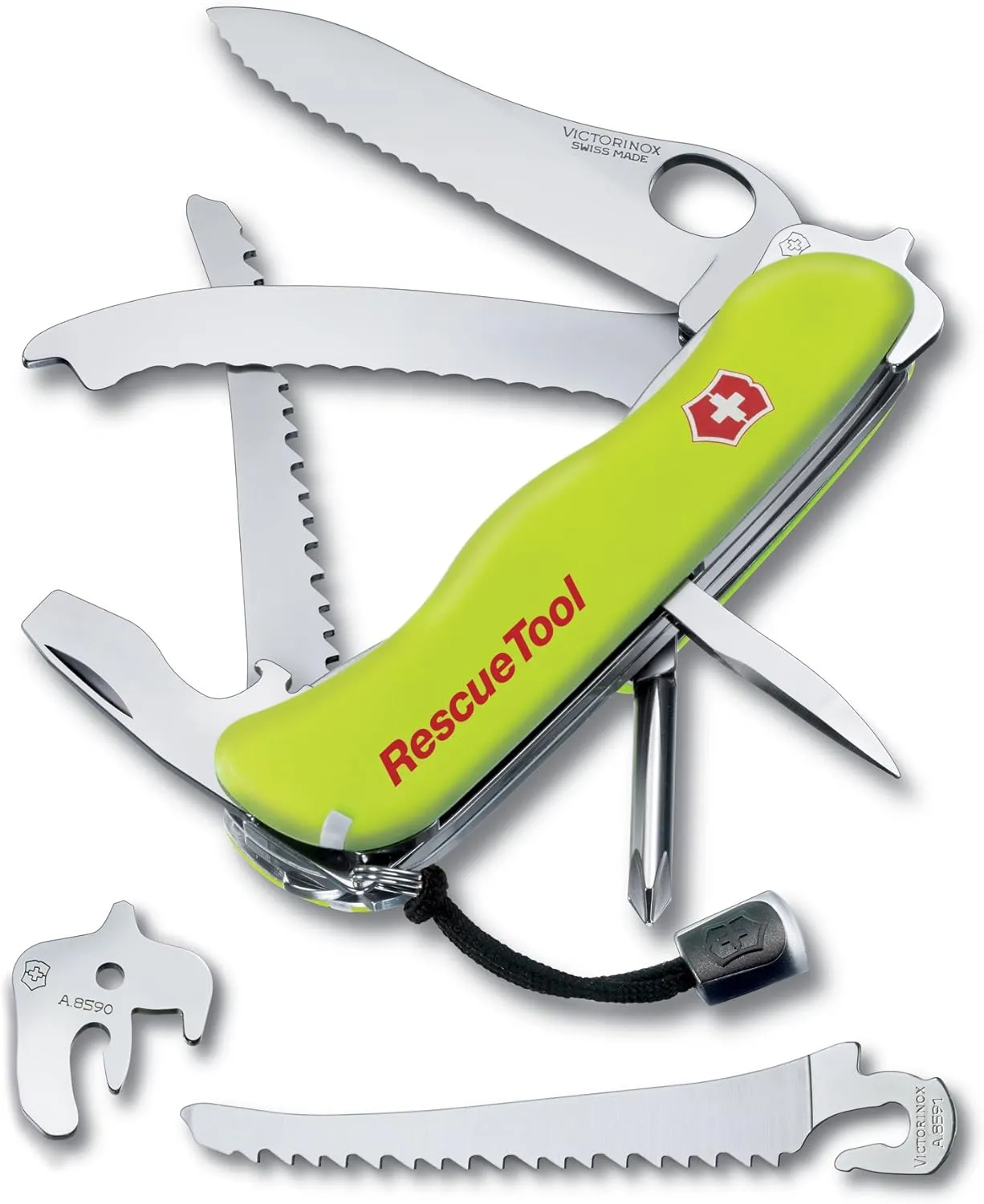 Victorinox Rescue Tool with Nylon Pouch Swiss Army Knife, 13 Functions, Swiss Made Pocket Knife with Seatbelt Cutter and Glass Saw - Fluorescent Yellow
