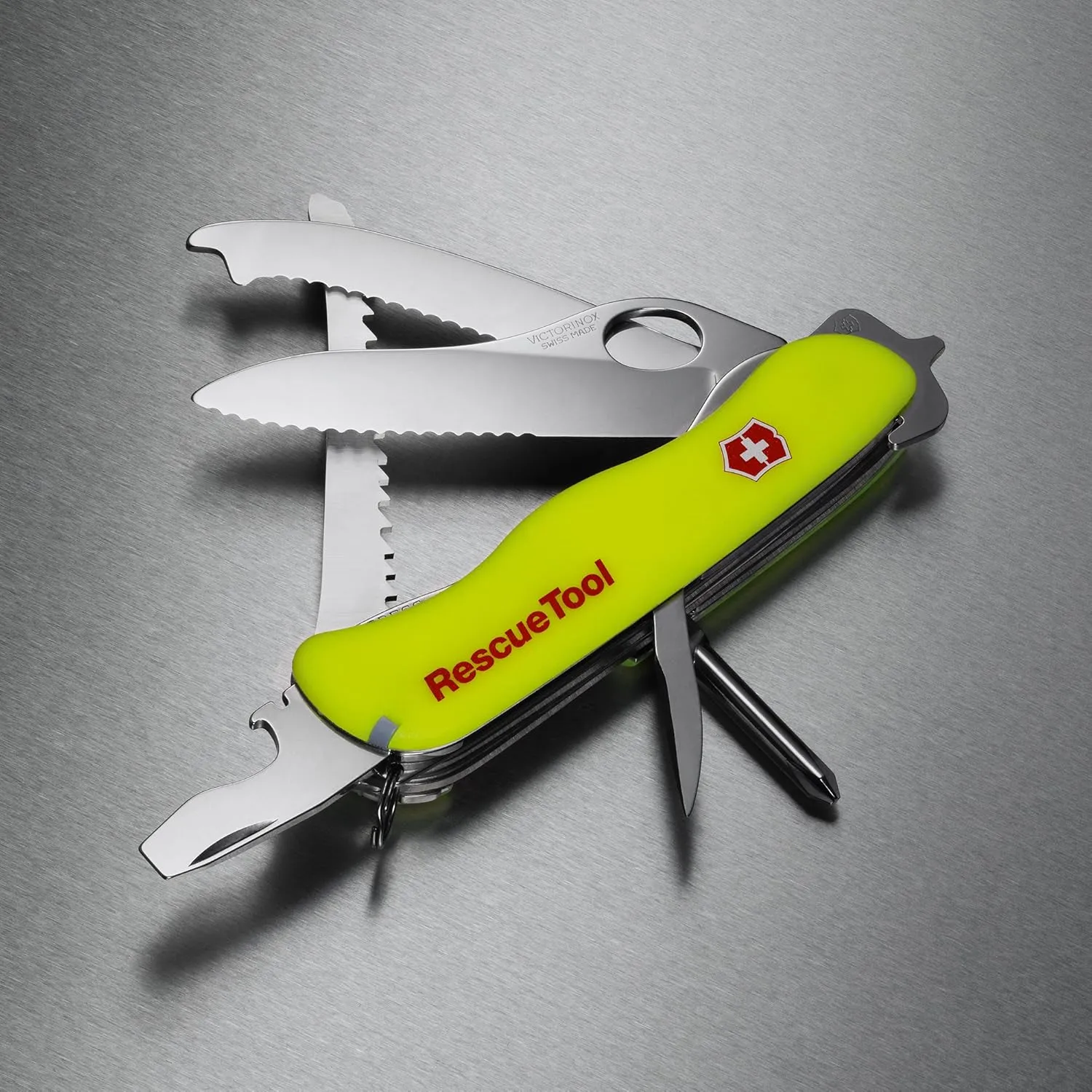 Victorinox Rescue Tool with Nylon Pouch Swiss Army Knife, 13 Functions, Swiss Made Pocket Knife with Seatbelt Cutter and Glass Saw - Fluorescent Yellow