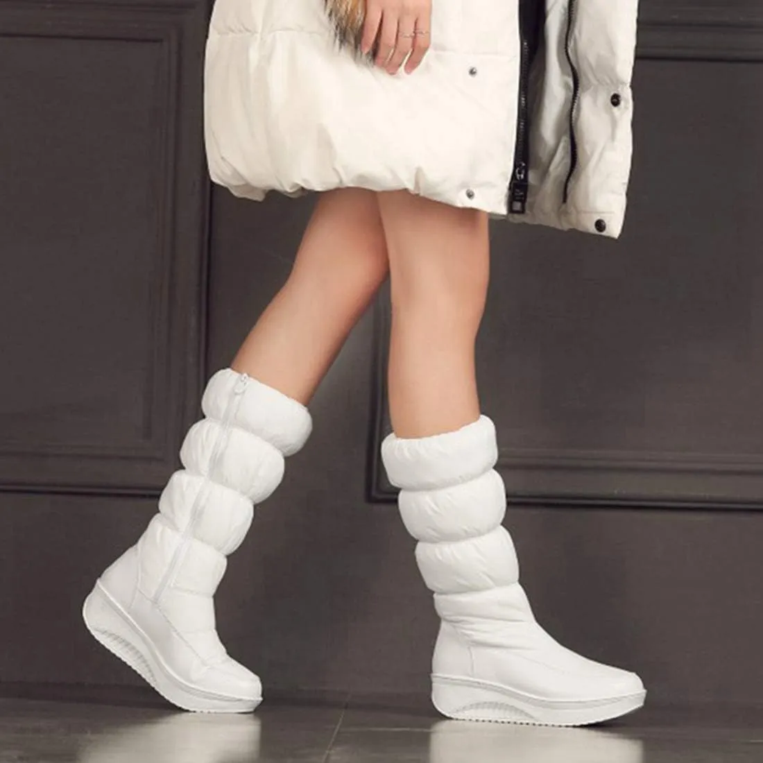 VOKLIN Women's Winter Waterproof Rain Snow Boots Mid Calf Platform Zipper Fur Lined Cold Weather Snow Boot