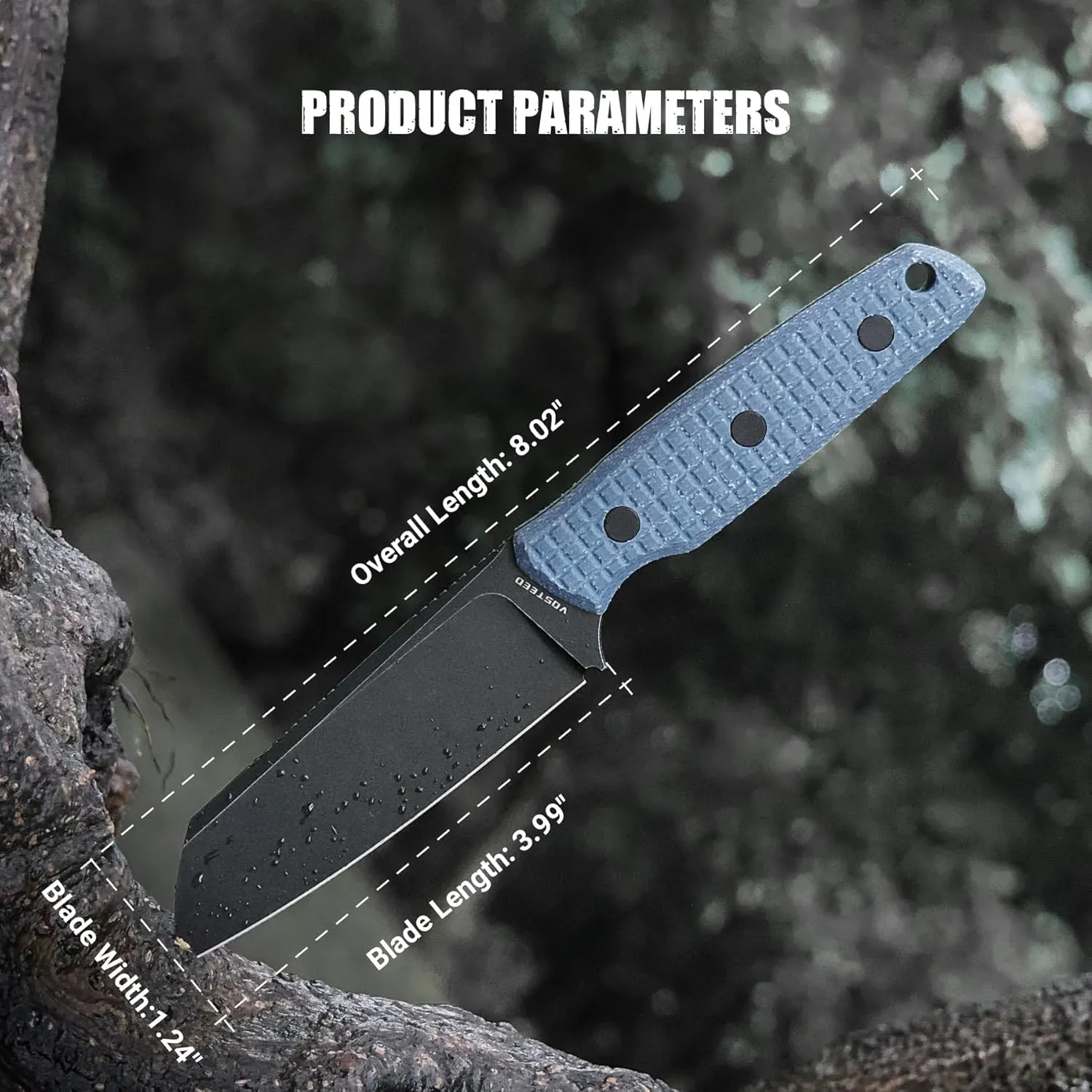 Vosteed EDC Fixed Blade Knives - 3.99’’ Nitro-V Sheepsfoot Blade with Sheath, Full-Tang Blue Micarta Handle - Outdoor Camping Hunting Knife - Mink D0104