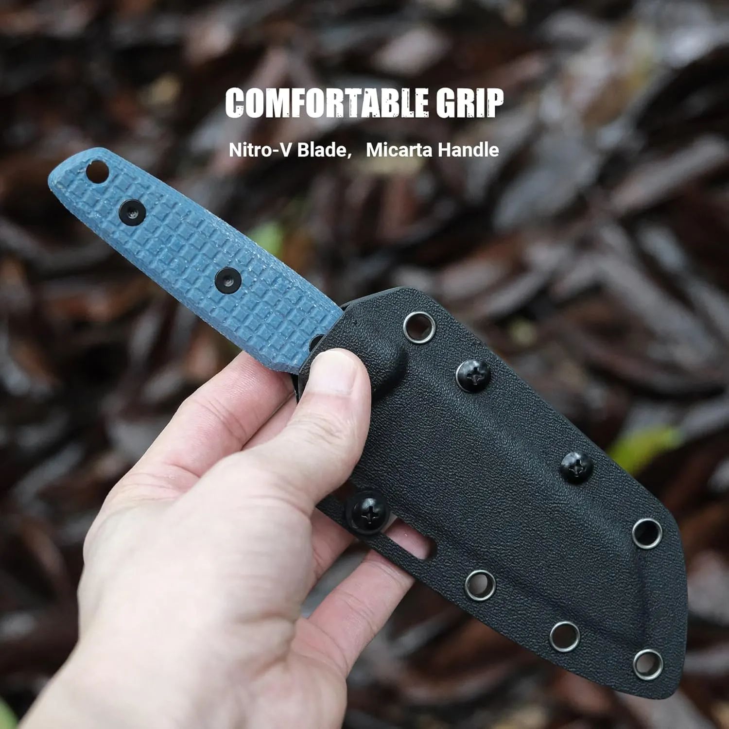 Vosteed EDC Fixed Blade Knives - 3.99’’ Nitro-V Sheepsfoot Blade with Sheath, Full-Tang Blue Micarta Handle - Outdoor Camping Hunting Knife - Mink D0104