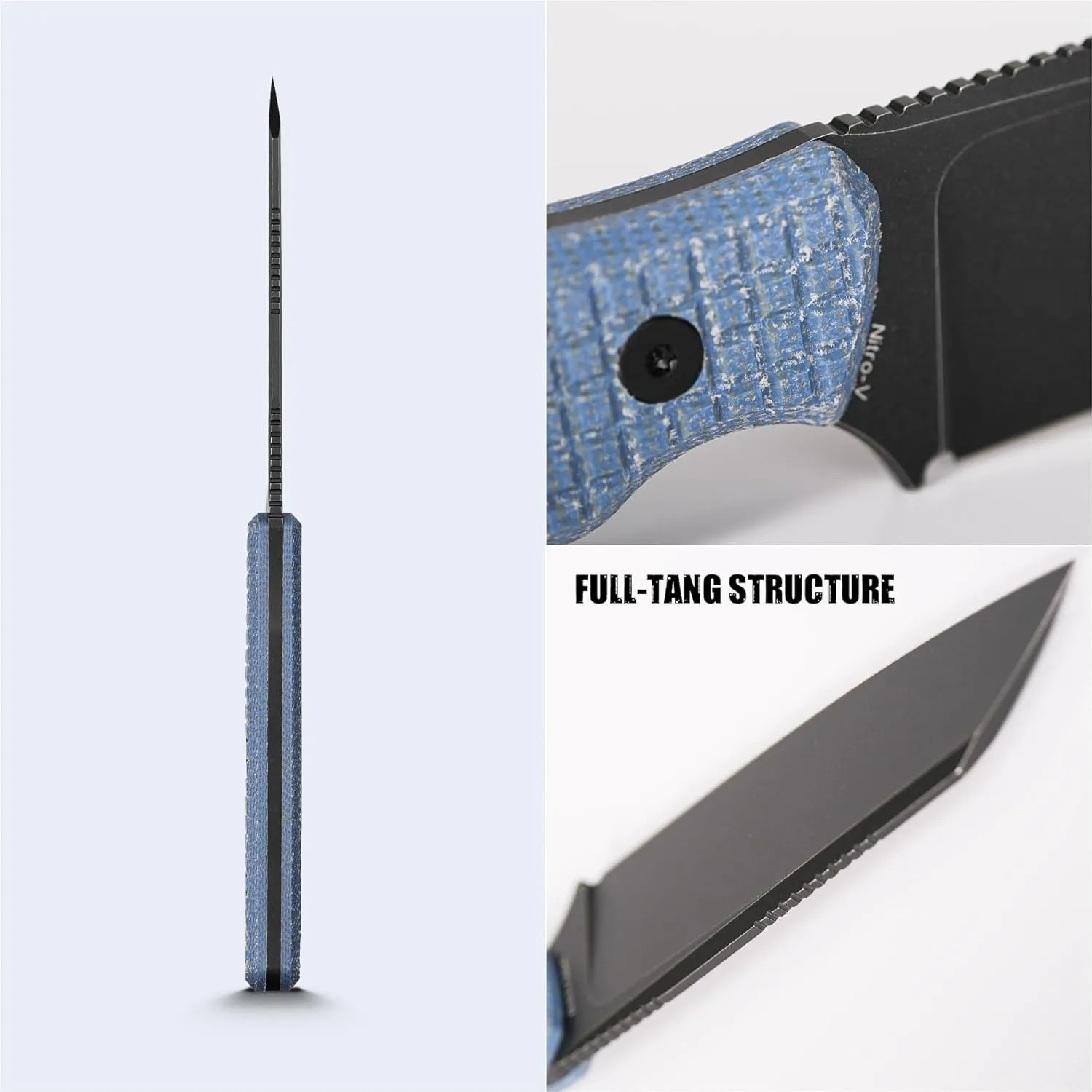 Vosteed EDC Fixed Blade Knives - 3.99’’ Nitro-V Sheepsfoot Blade with Sheath, Full-Tang Blue Micarta Handle - Outdoor Camping Hunting Knife - Mink D0104