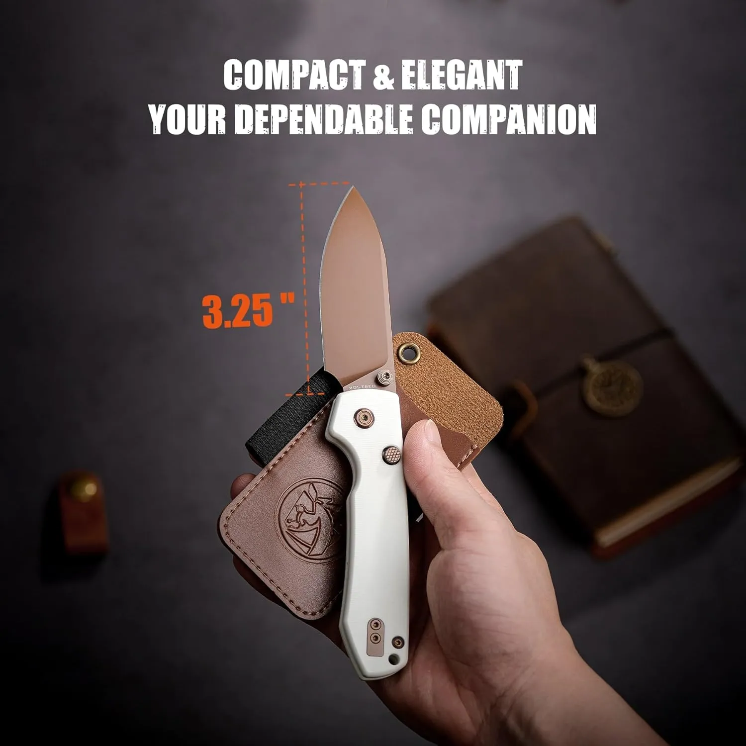 Vosteed Raccoon EDC Folding Pocket Knife - 3.25" 14C28N Rose Gold Blade, Top Liner Lock, White G10 Handle with Belt Clip - Camping, Hiking Knives- A2913
