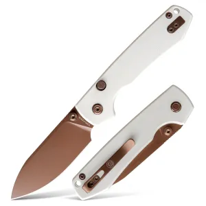 Vosteed Raccoon EDC Folding Pocket Knife - 3.25" 14C28N Rose Gold Blade, Top Liner Lock, White G10 Handle with Belt Clip - Camping, Hiking Knives- A2913