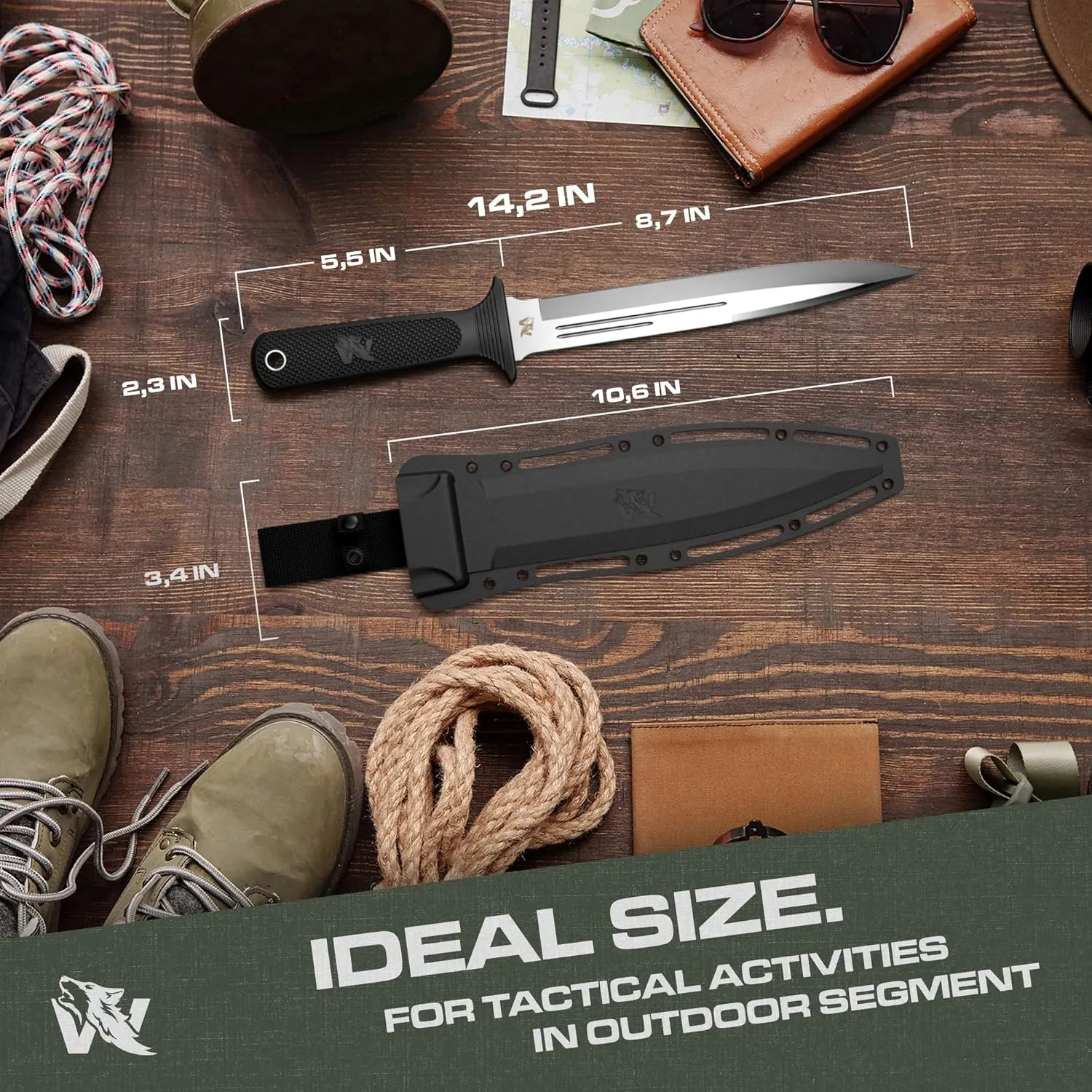 W-Catcher Fixed Blade Knife with Sheath - Large Hunting-Knife made of D2 steel - Big Fixed Blade Knives with Non-Slip TPE Handle - Full Tang Survivalknife for Outdoor Activities
