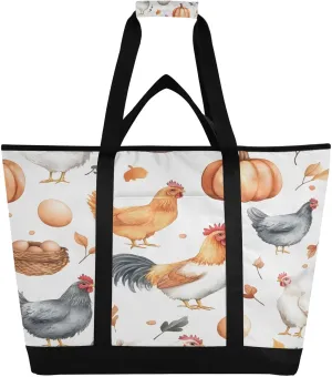 Watercolor Chickens Reusable Insulated Lunchbox Cooler Bag, Leakproof Kitchen Grocery Bag Collapsible Portable Cooler Tote Bag for Picnic, Camping, Office, Travel