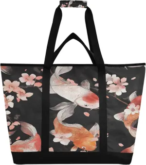 Watercolor Koi Fish Reusable Insulated Cooler Bag with Ice Pack Compartment - Large 47L Waterproof Thermal Grocery Tote for Picnic Beach Camping Lunch Storage