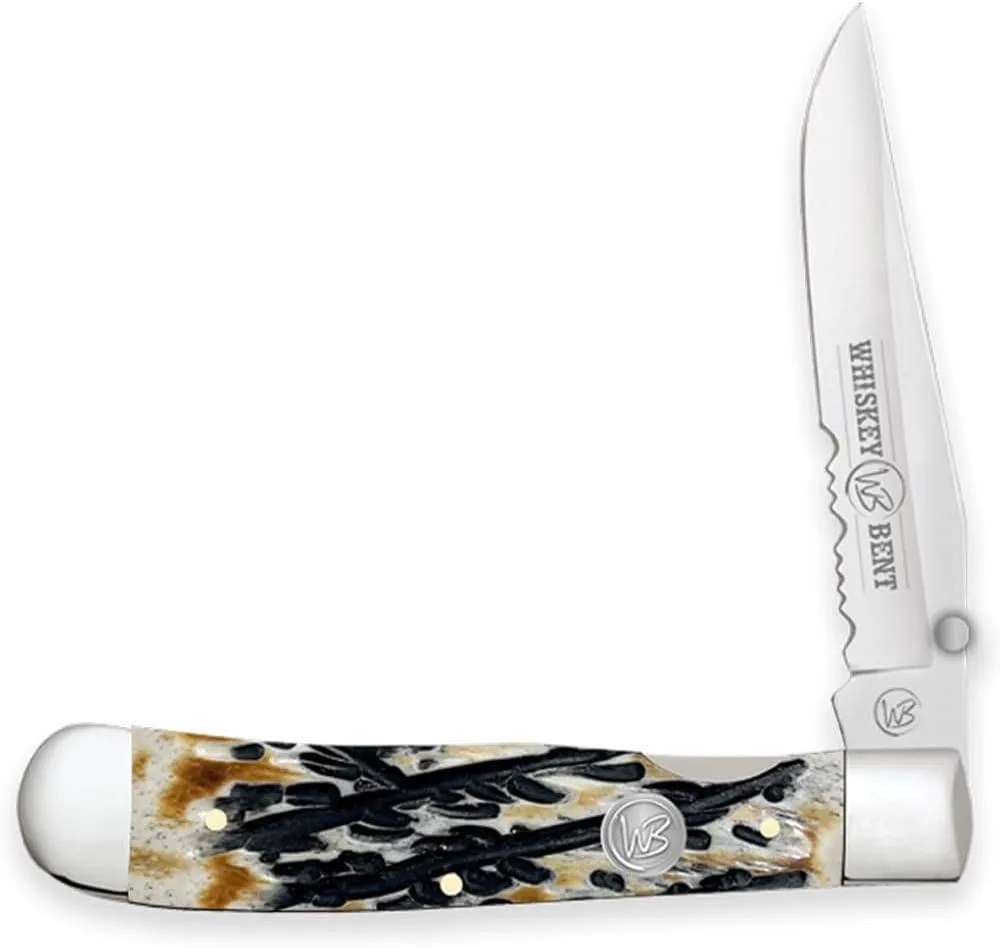 WHISKEY BENT HAT CO. Locking Trapper Folding Pocket Knife 4.125" Closed Length 440C Stainless Steel Blades (Carved Burnt Bone - Serrated)