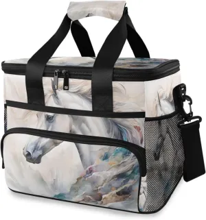 White Horse Watercolor Cooler Bag Insulated Cooler Soft Sided Cooler 24 Can Portable Picnic Bag Large Leakproof Lunch Bag Box for Beach Grocery Camping Travel Car Men Women