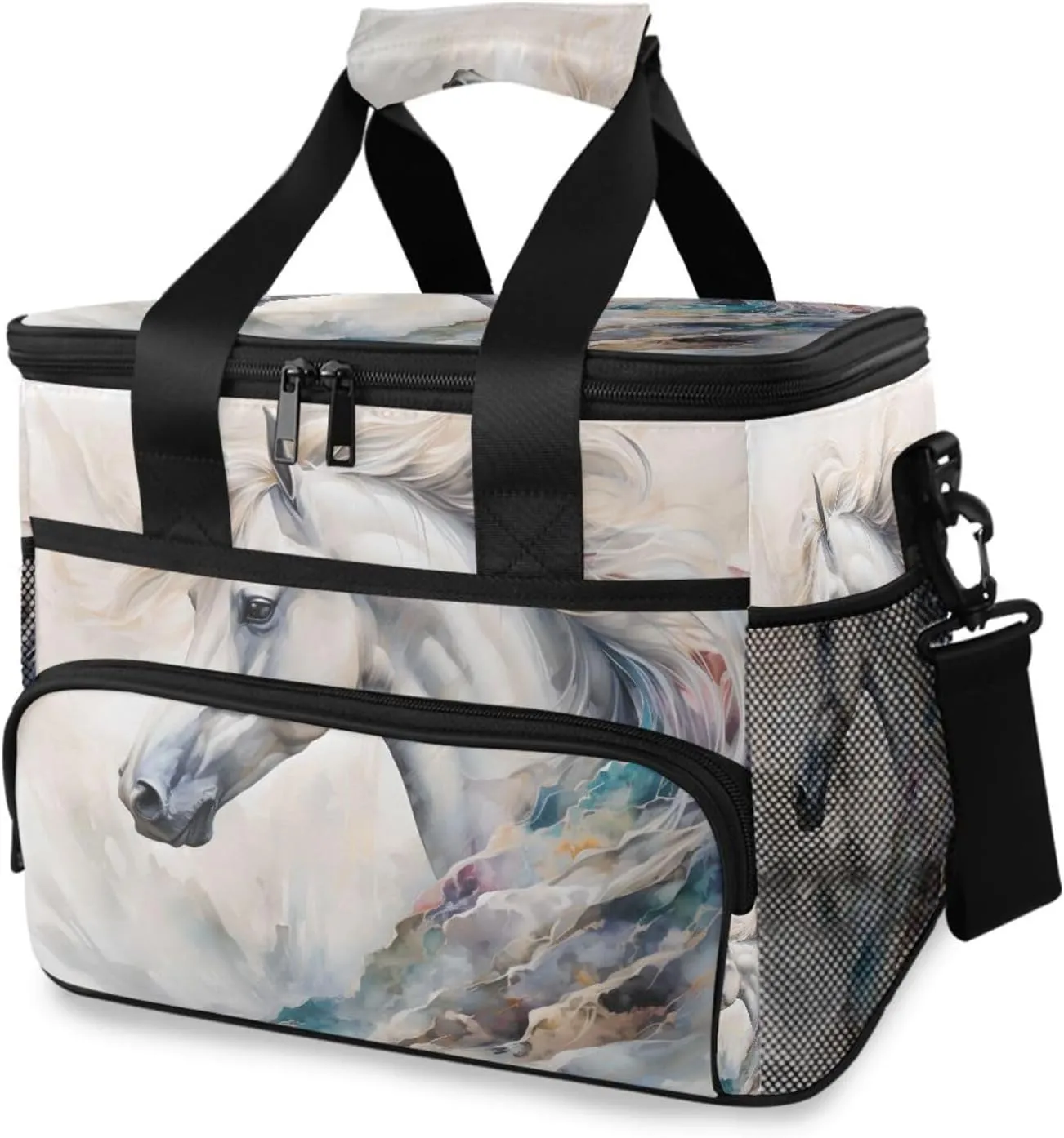 White Horse Watercolor Cooler Bag Insulated Cooler Soft Sided Cooler 24 Can Portable Picnic Bag Large Leakproof Lunch Bag Box for Beach Grocery Camping Travel Car Men Women