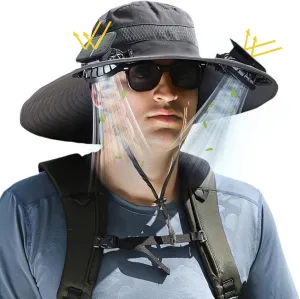 Wide Brim Solar Fan Outdoor Fishing Hat, 2 Solar Fan Hats for Men, USB & Solar Powered Fan Hat, Sombrero para el Sol Hombre, Sombrero con Ventilador Solar, Fan Hat Solar Powered UPF 50  Grey