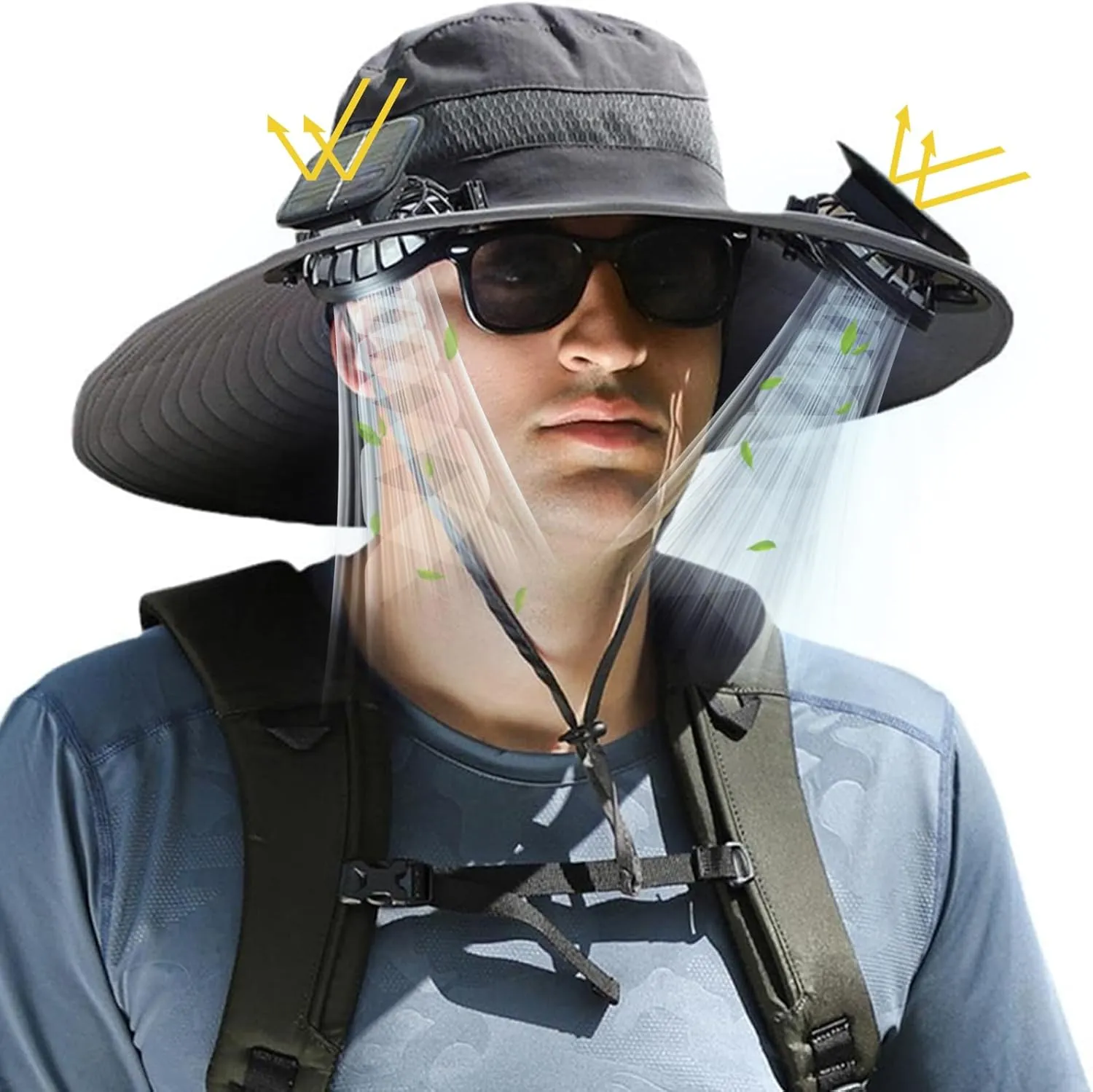 Wide Brim Solar Fan Outdoor Fishing Hat, 2 Solar Fan Hats for Men, USB & Solar Powered Fan Hat, Sombrero para el Sol Hombre, Sombrero con Ventilador Solar, Fan Hat Solar Powered UPF 50  Grey