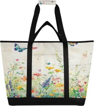 Wildflowers Reusable Insulated Cooler Bag with Ice Pack Compartment - Large 187L Waterproof Thermal Grocery Tote for Picnic Beach Camping Lunch Storage