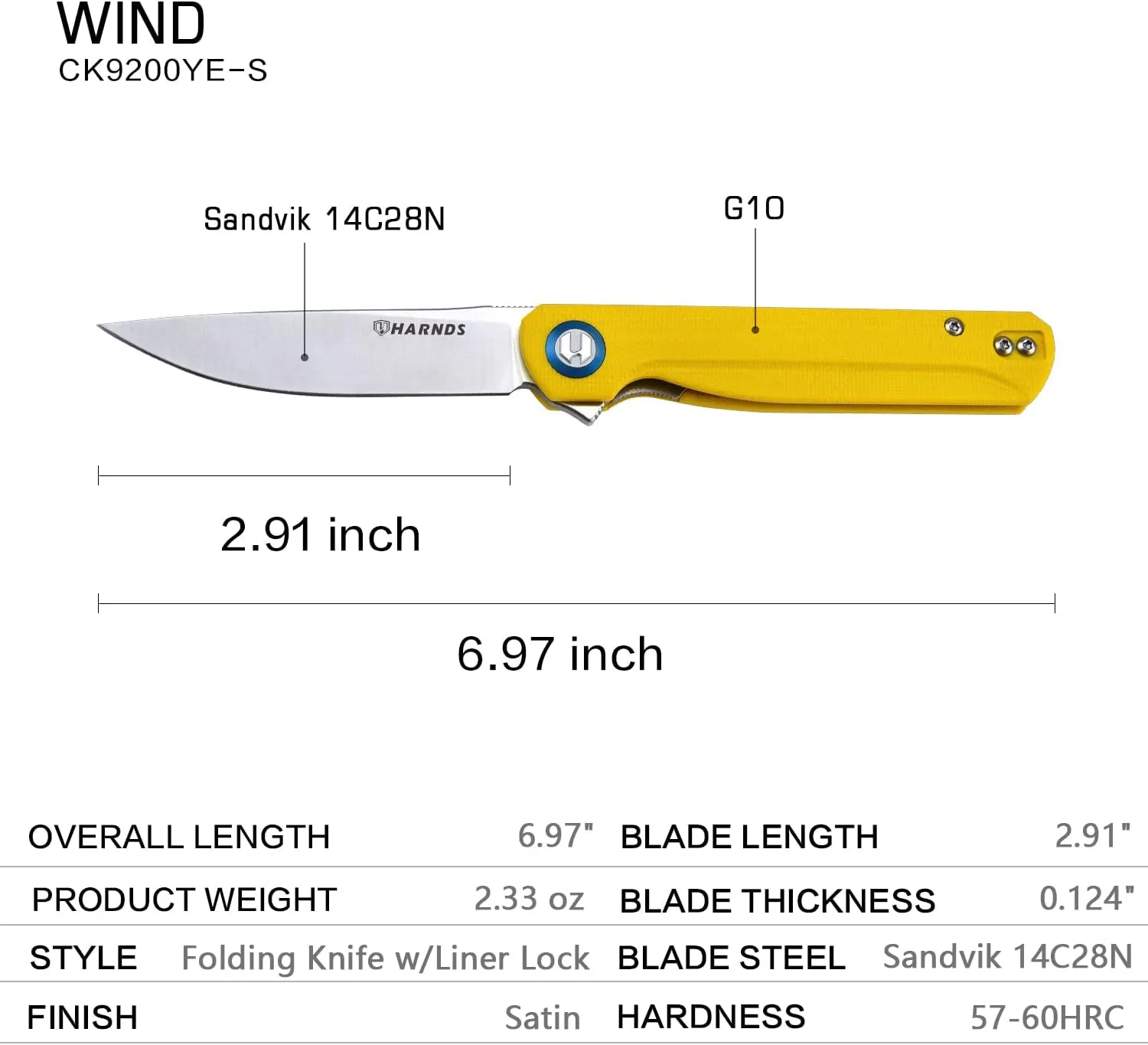 Wind Pocket Knife Flipper Sandvik Steel G10 Handle Folding Knife Ball Bearing with 2-Position Clip for Camping Survival and EDC (Yellow)