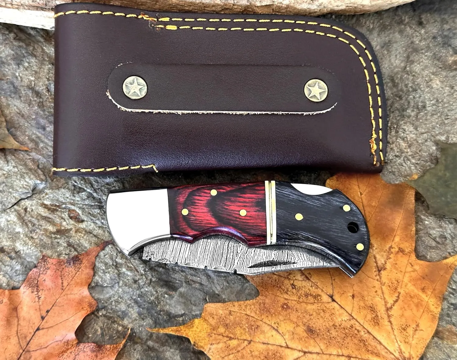 WINTERFELL Personalized Engraved Folding Pocket Knife for Men, Customized Christmas Gifts for Husband, Dad, Boyfriend, Damascus Steel Groomsman Gift Knives, 100% Handmade Knife with Leather Sheath