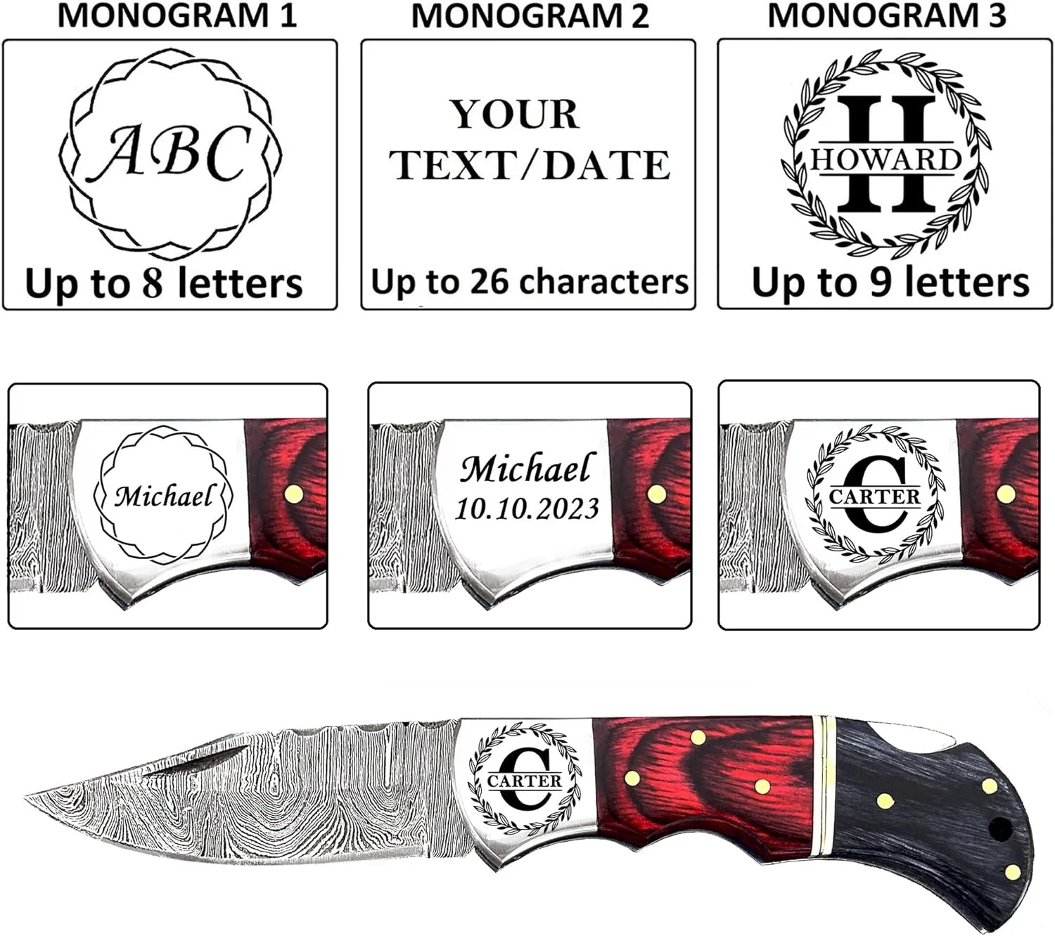WINTERFELL Personalized Engraved Folding Pocket Knife for Men, Customized Christmas Gifts for Husband, Dad, Boyfriend, Damascus Steel Groomsman Gift Knives, 100% Handmade Knife with Leather Sheath