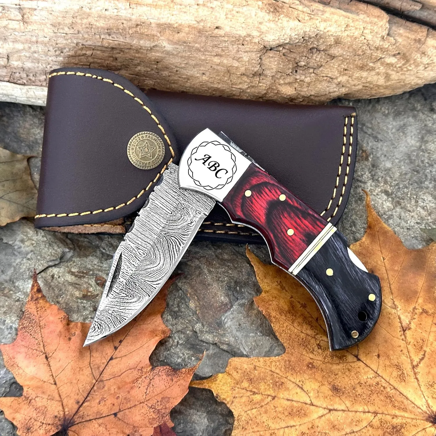 WINTERFELL Personalized Engraved Folding Pocket Knife for Men, Customized Christmas Gifts for Husband, Dad, Boyfriend, Damascus Steel Groomsman Gift Knives, 100% Handmade Knife with Leather Sheath