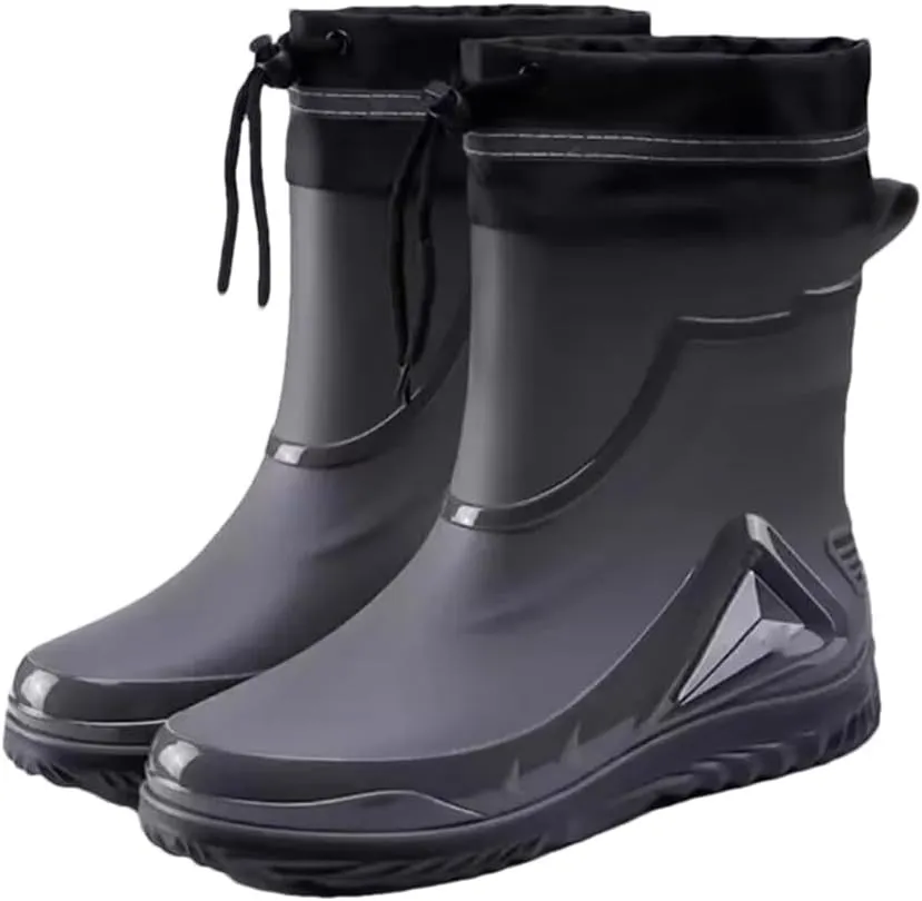 Wjnvfioo Men's Waterproof Drawstring Rain Boots Non-Slip Flat Fashion Rider Rain Boots