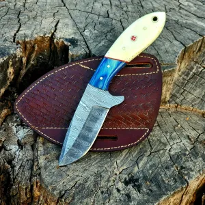 Wolf Cut Handmade Damascus Bull Cutter Knife Cowboy Knife Wood & Bone Handle Utility Knife EDC Fixed Blade Knife For Men women sharp Camping Knives Bushcraft Knife Classic Pancake leather Sheath (Blue Wood bone)