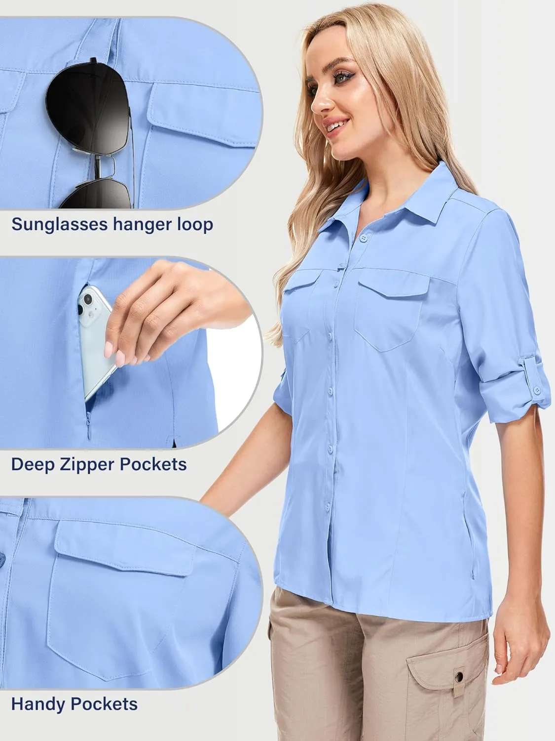 Women UPF 50  Sun Protection Safari Shirts Quick Dry Lightweight Outdoor Fishing Hiking Travel Shirts with Zipper Pockets