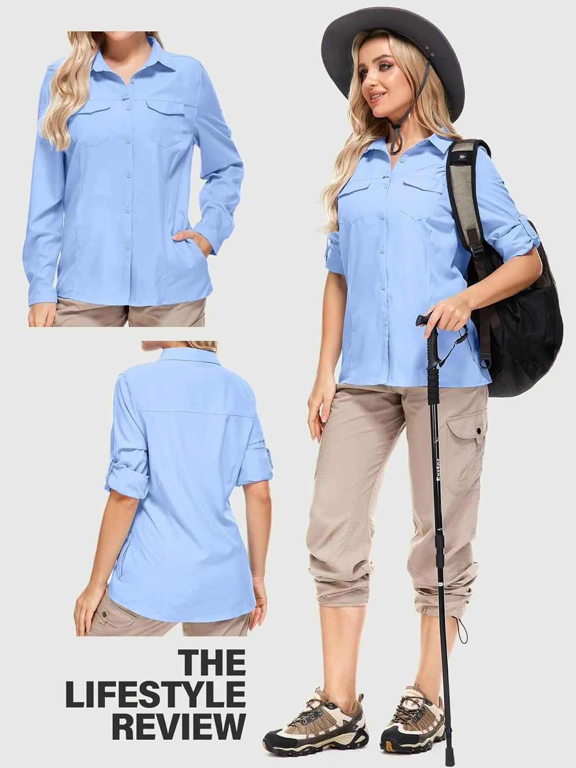 Women UPF 50  Sun Protection Safari Shirts Quick Dry Lightweight Outdoor Fishing Hiking Travel Shirts with Zipper Pockets