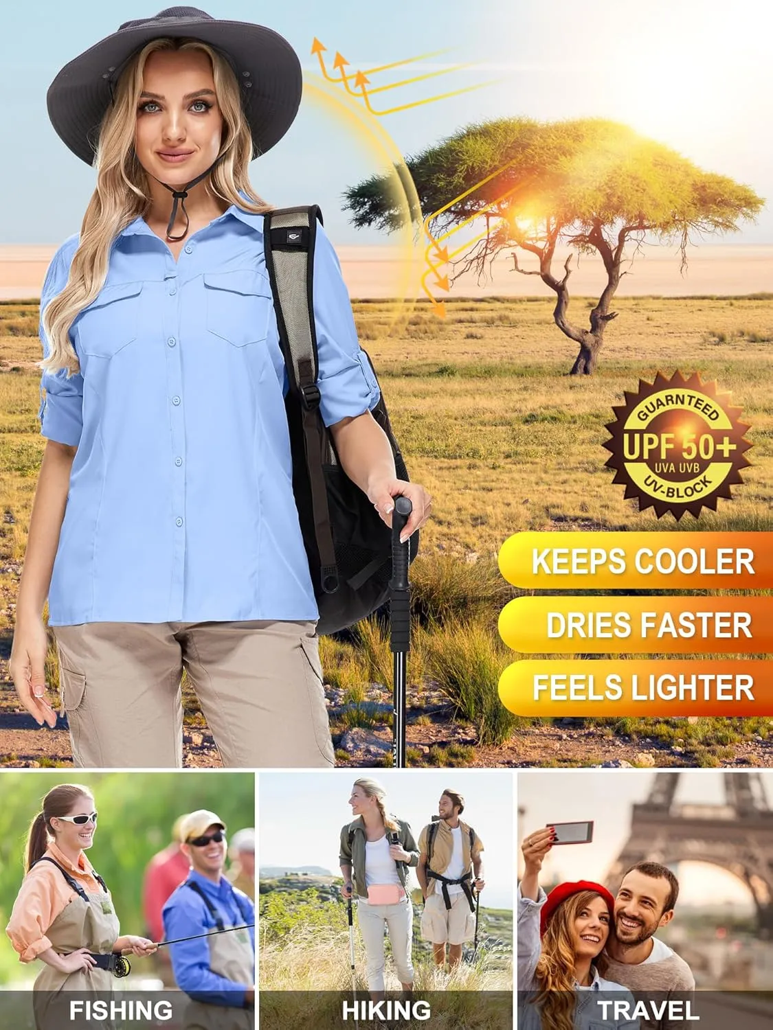 Women UPF 50  Sun Protection Safari Shirts Quick Dry Lightweight Outdoor Fishing Hiking Travel Shirts with Zipper Pockets