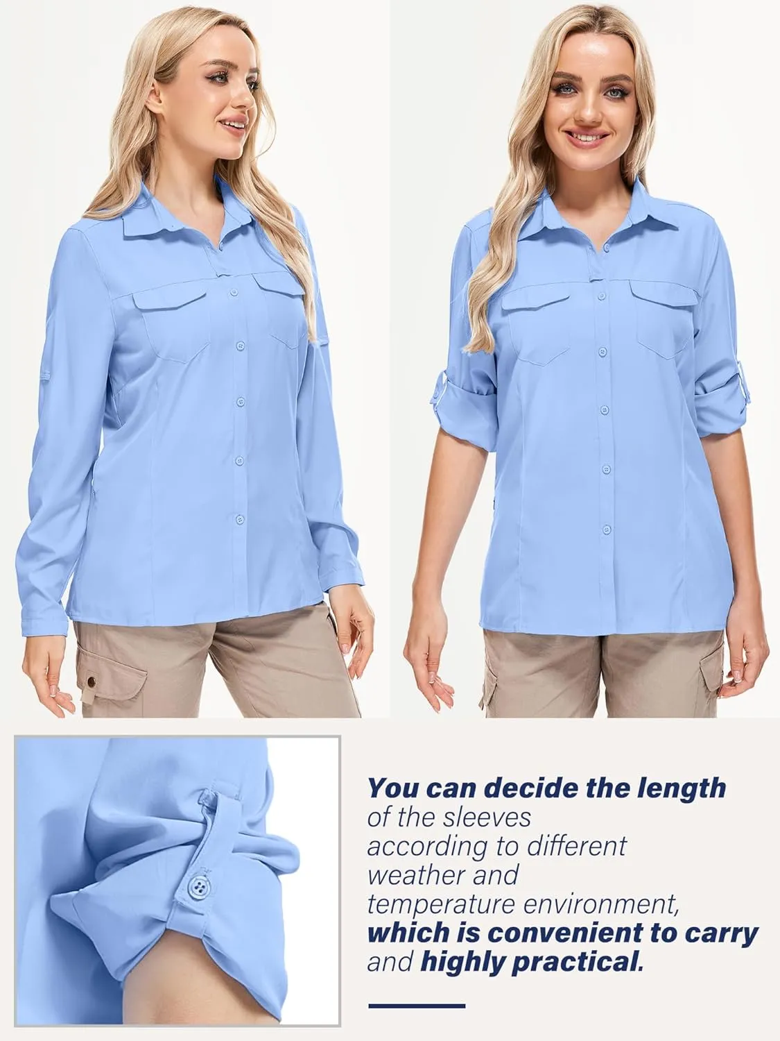 Women UPF 50  Sun Protection Safari Shirts Quick Dry Lightweight Outdoor Fishing Hiking Travel Shirts with Zipper Pockets