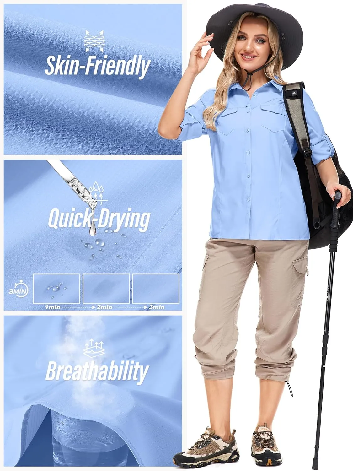 Women UPF 50  Sun Protection Safari Shirts Quick Dry Lightweight Outdoor Fishing Hiking Travel Shirts with Zipper Pockets