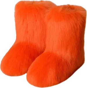 Women's Faux Fur Boot Furry Fluffy Round Toe Suede Winter Comfy Plush Warm Short Outdoor Indoor Flat Shoes Mid-Calf Boots Fashion Furry Booties Comfortable Winter Shoes
