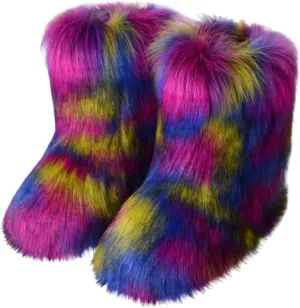 Women's Faux Fur Boot Furry Fluffy Round Toe Suede Winter Comfy Plush Warm Short Outdoor Indoor Flat Shoes Mid-Calf Boots Fashion Furry Booties Comfortable Winter Shoes