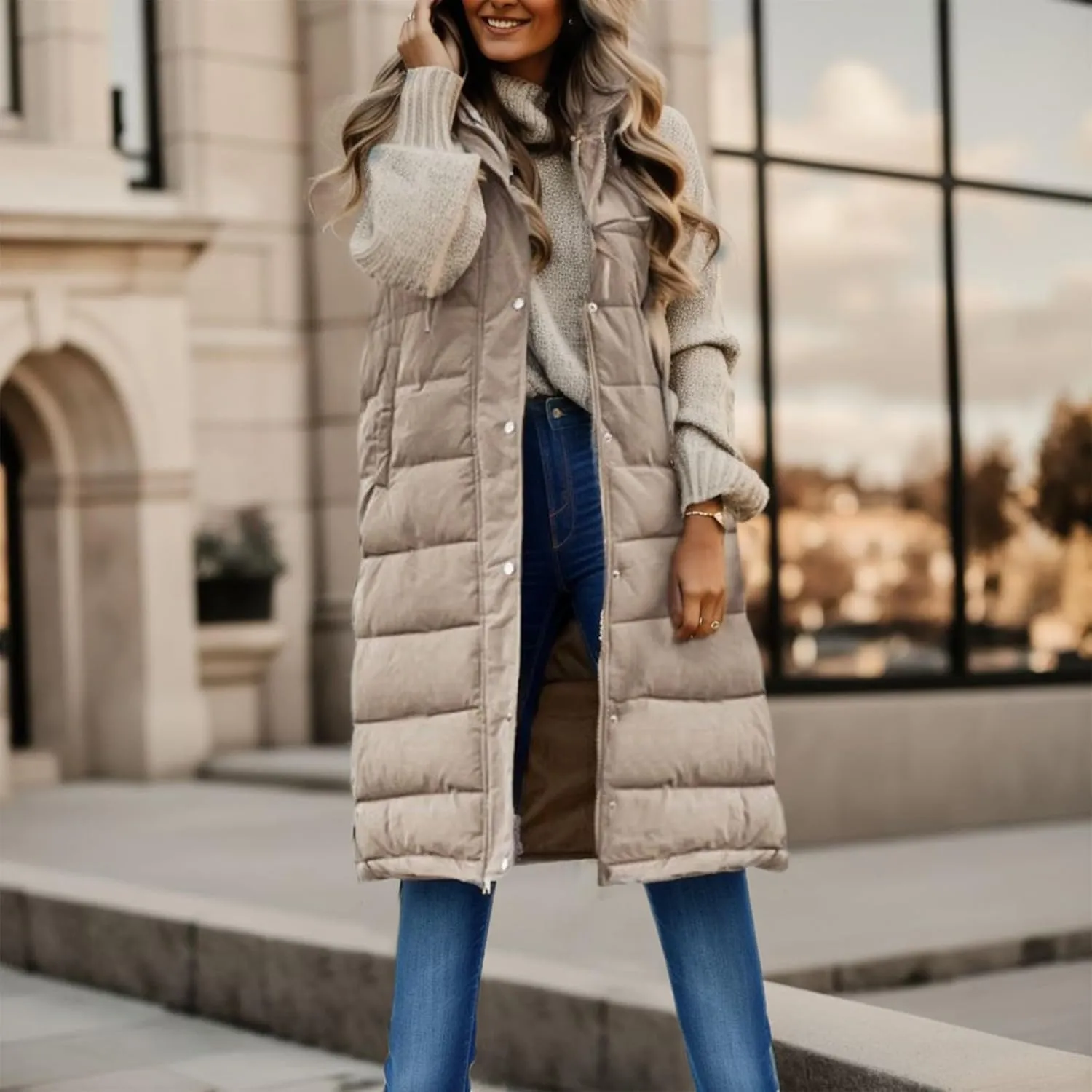 Women's Long Vests Sleeveless Lightweight Zip Puffer Jacket Packable Hooded Down Coat Winter Quilted Vest With Hood