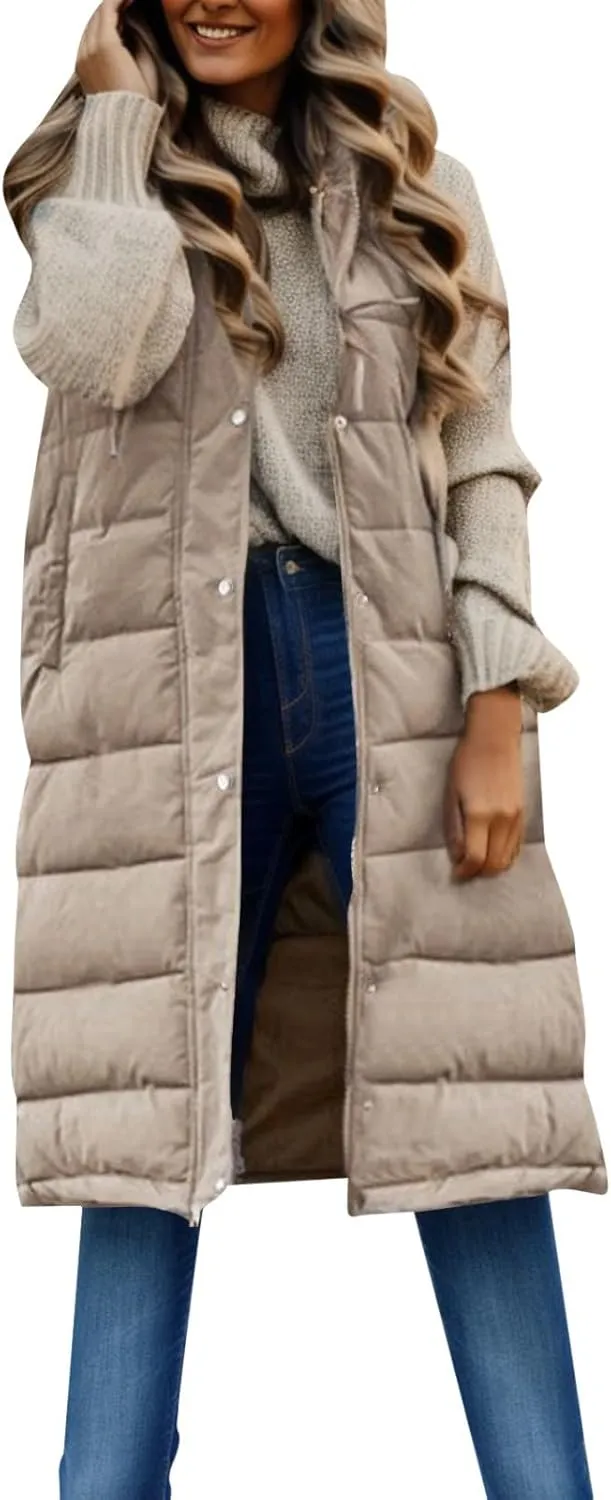 Women's Long Vests Sleeveless Lightweight Zip Puffer Jacket Packable Hooded Down Coat Winter Quilted Vest With Hood