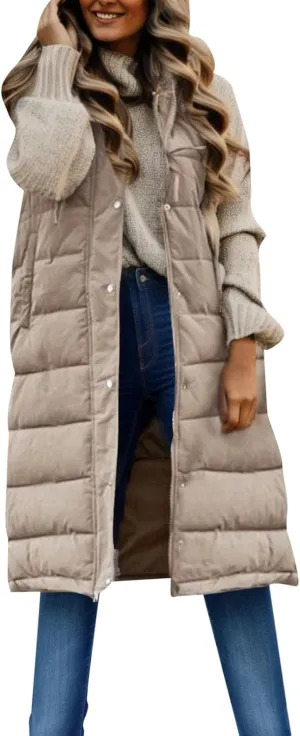 Women's Long Vests Sleeveless Lightweight Zip Puffer Jacket Packable Hooded Down Coat Winter Quilted Vest With Hood