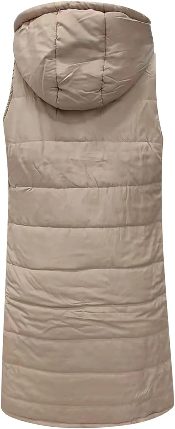 Women's Long Vests Sleeveless Lightweight Zip Puffer Jacket Packable Hooded Down Coat Winter Quilted Vest With Hood